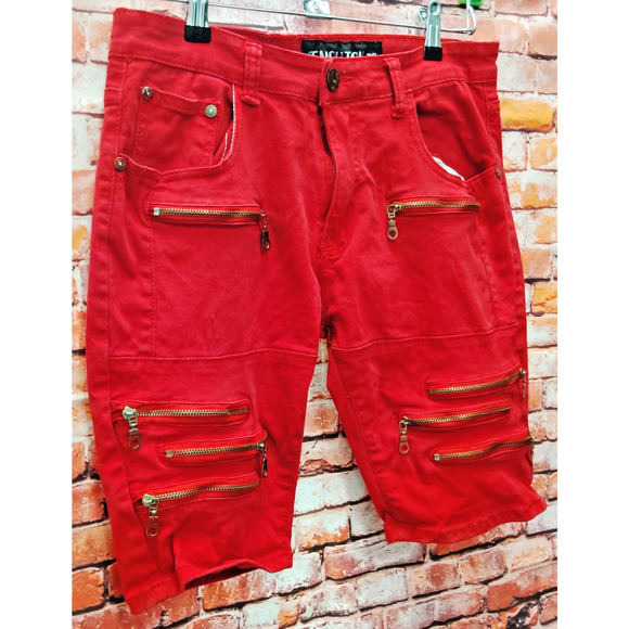 Demolition Capri Jeans Mens 36 Red Denim Stacked Zipper Five Pocket Y2K Grunge - Picture 3 of 8